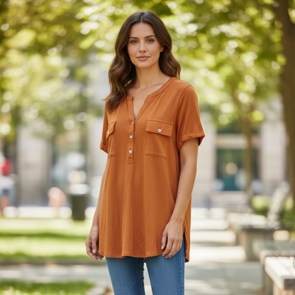 J.Jill Women’s Medium Linen-Blend Henley Top – Burnt Orange / Rust